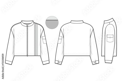 cropped zip racing windbreaker jacket flat technical drawing illustration mock-up template for design and tech packs men or unisex fashion CAD streetwear women workwear utility