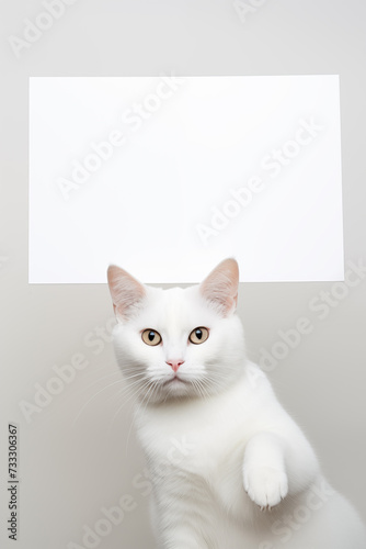 Cat holding white sign on white background. Pets. Zoo service. Veterinary clinic