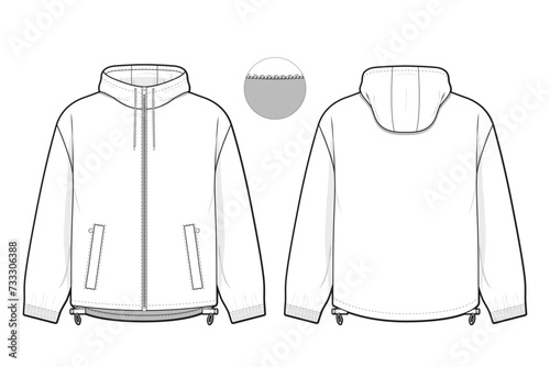 hooded zip windbreaker jacket flat technical drawing illustration mock-up template for design and tech packs men or unisex fashion CAD streetwear women workwear utility photo