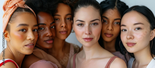 Happy women of different nationalities and appearances stand next to each other, showing unity in diversity against a monochrome background. Concept of International Women's Day.