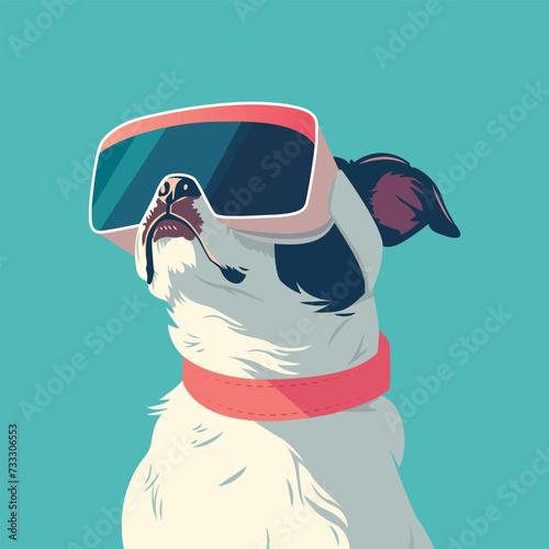 Dog in VR glasses. Solid blue background 