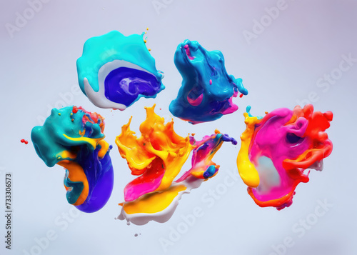 Many vibrant paint blobs, each boasting a unique hue, float weightlessly in the air, formed from densely packed pigment particles. 