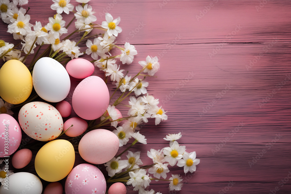 Spring flowers, Happy Easter background. Colorful Easter eggs