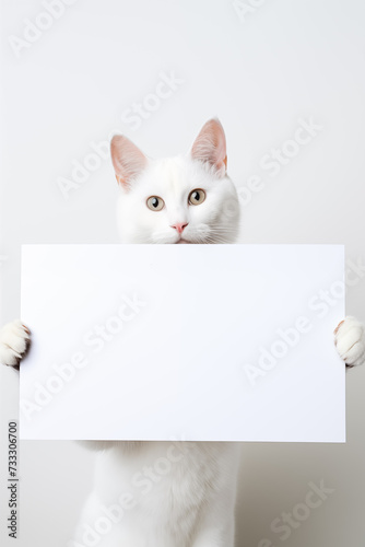 Cat holding white sign  on white background. Pets. Zoo service. Veterinary clinic