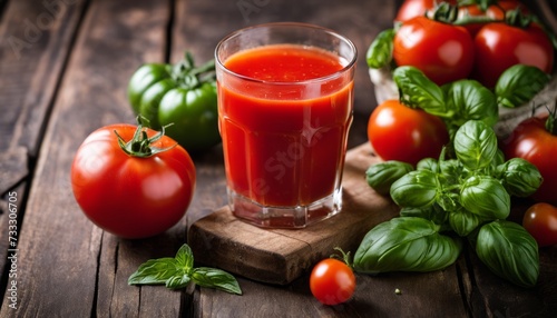 A glass of tomato juice on a wooden table with tomatoes and basil