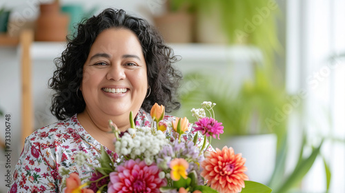 A middle-aged Hispanic woman beaming with happiness holds a bright bouquet of flowers. Festive concept spring holidays, mother's day, March 8 © ximich_natali