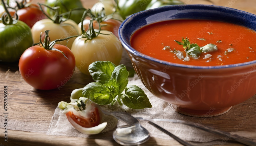 A bowl of soup with tomatoes and basil