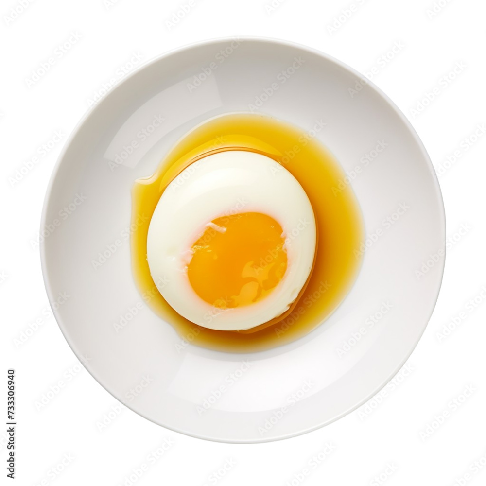 Half fried egg in plate isolated on transparent background. Top view. Half fried egg in plate isolated on transparent background. Top view.