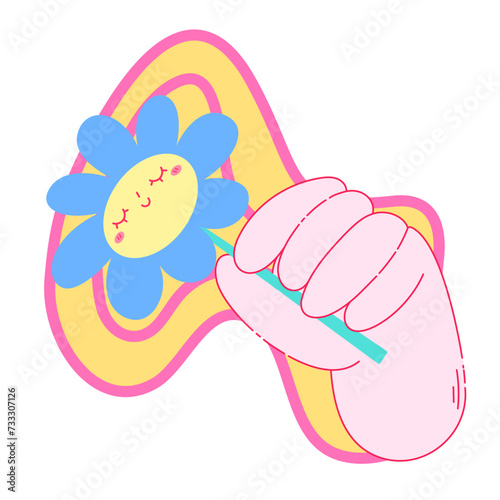 Colored vector illustration with hand holding flower in retro style