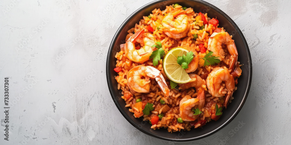 Savory Jambalaya with Shrimp. Close-up of jambalaya, a classic Creole rice dish with shrimp and vegetables, copy space. Savory Jambalaya with Shrimp. Close-up of jambalaya, a classic Creole rice dish with shrimp and vegetables, copy space.