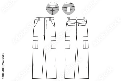 slim fit Cargo Pants Flat Technical Drawing Illustration Five Pocket Classic Blank Streetwear Mock-up Template for Design and Tech Packs CAD Outdoor