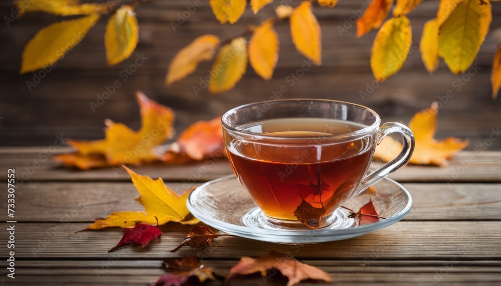 A cup of tea on a wooden table with leaves falling around it A cup of tea on a wooden table with leaves falling around it