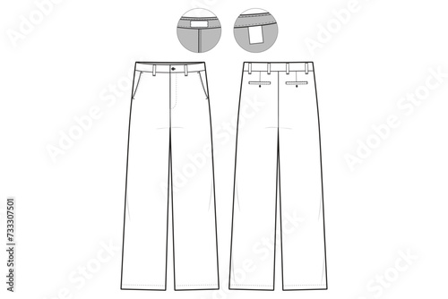 flat front chino Pants Straight Leg Flat Technical Drawing Illustration Classic Blank Workwear Streetwear Mock-up Template for Design and Tech Packs CAD
