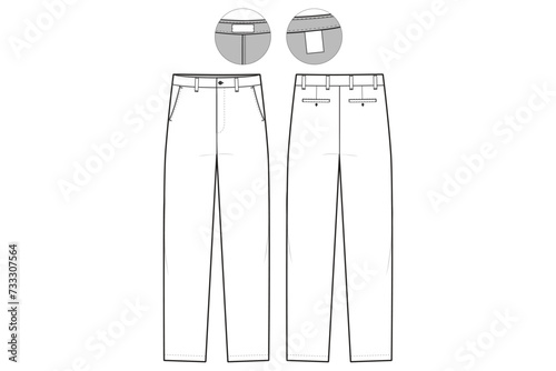 flat front chino Pants slim fit Flat Technical Drawing Illustration Classic Blank Workwear Streetwear Mock-up Template for Design and Tech Packs CAD