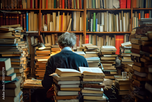 Man in Library Surrounded by Books