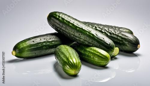 A group of green cucumbers on a white background
