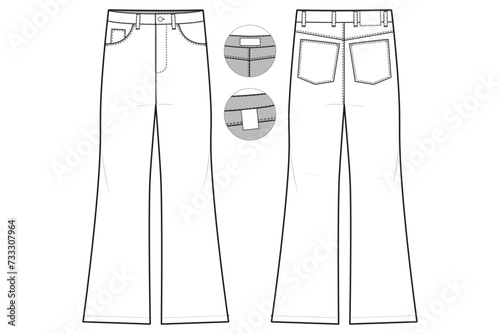 flare bell wide leg Jeans Flat Technical Drawing Illustration Five Pocket Classic Blank Streetwear Mock-up Template for Design and Tech Packs CAD