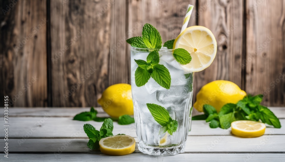 A glass of lemonade with lemon slices and mint leaves A glass of lemonade with lemon slices and mint leaves