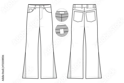 flare Jeans Flat Technical Drawing Illustration Five Pocket Classic Blank Streetwear Mock-up Template for Design and Tech Packs CAD