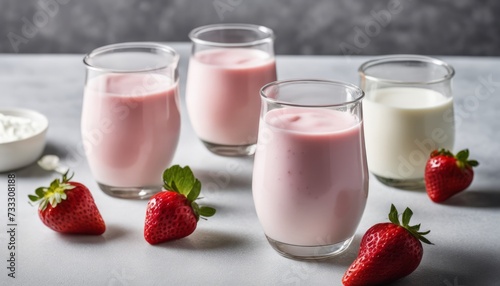 A table with four glasses of strawberry milkshake and four strawberries
