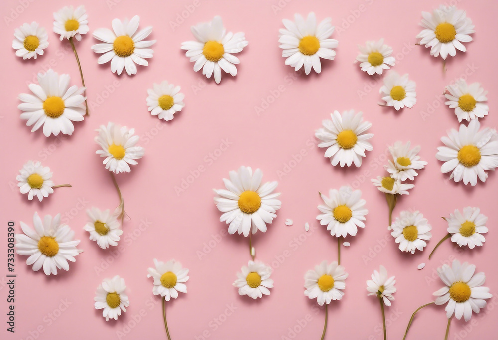 Minimal styled concept White daisy chamomile flowers on pale pink background Creative lifestyle spring concept