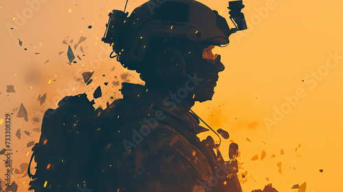 close up side view military soldier with scatter flying dark gray particles on yellow fire light background with copy space. Exploding effect - AI Generated Abstract Art photo