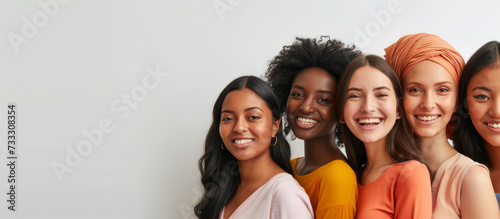 Happy women of different nationalities and appearances stand next to each other, showing unity in diversity against a monochrome background. Concept of International Women's Day. photo