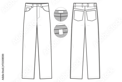 slim fit tapered Jeans Flat Technical Drawing Illustration Five Pocket Classic Blank Streetwear Mock-up Template for Design and Tech Packs CAD