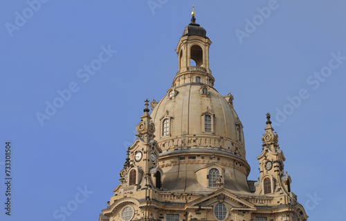 Dome of the high baroque Lutheran Frauenkirche (Church of Our Lady) in Dresden, Saxony, Germany with blue sky on a summer evening