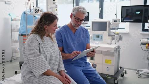 Doctor showing female patient MRI scan on tablet, discussing test result in emergency room.