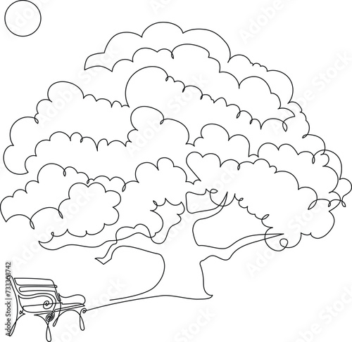 Landscaped park with paths and trees. Wooden bench on a path in a garden or park. A place to relax in nature. Continuous line drawing. Vector illustration.