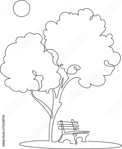 Landscaped park with paths and trees. Wooden bench on a path in a garden or park. A place to relax in nature. Continuous line drawing. Vector illustration.