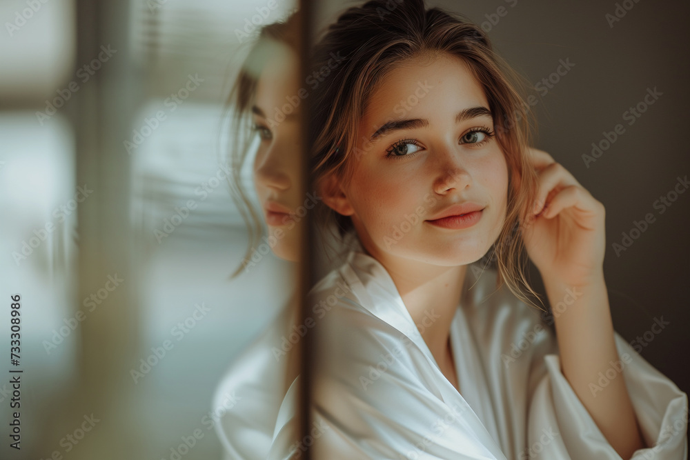 A young woman in a moment of reflection, looking into a mirror with a gentle, contemplative expression. A young woman in a moment of reflection, looking into a mirror with a gentle, contemplative expression.