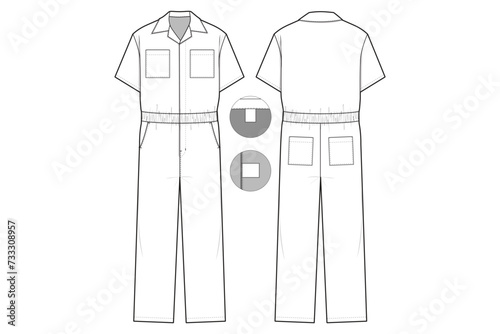 Jumpsuit coveralls short sleeve collared Flat Technical Drawing Illustration  Classic Blank Streetwear Mock-up Template for Design and Tech Packs CAD