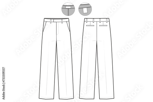 flat front chino Pants Straight Leg Flat Technical Drawing Illustration Classic Blank Workwear Streetwear Mock-up Template for Design and Tech Packs CAD