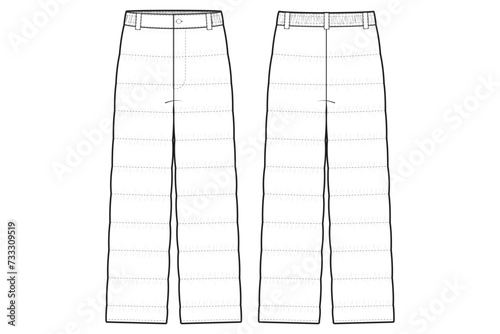 quilted puffer pants Flat Technical Drawing Illustration Blank Streetwear Mock-up Template for Design and Tech Packs CAD