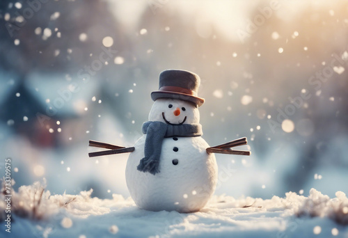 Panoramic view of a happy snowman in a winter snowy scene © FrameFinesse