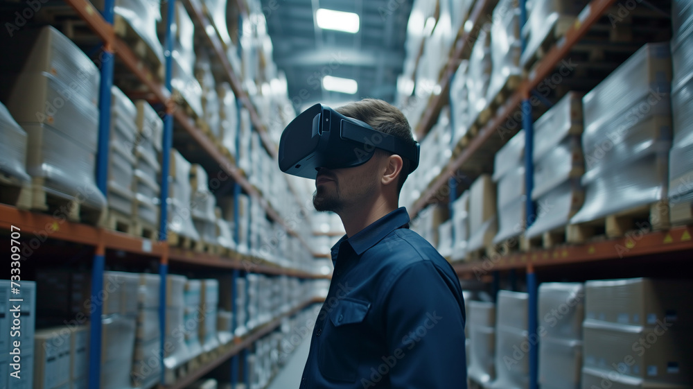 A logistic worker in a high-tech warehouse wearing a virtual reality headset, interacting with a 3D model of the logistics network A logistic worker in a high-tech warehouse wearing a virtual reality headset, interacting with a 3D model of the logistics network