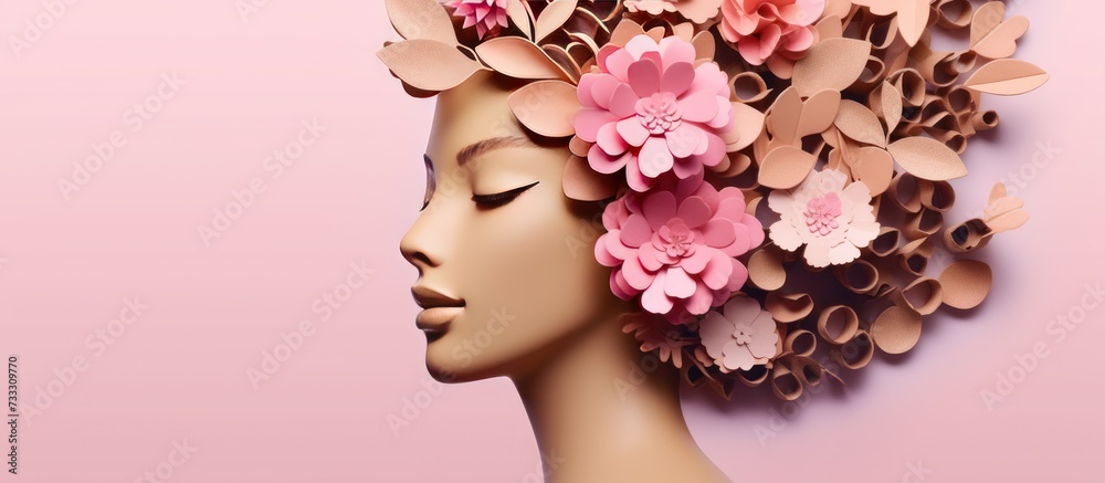 illustration of young beautiful woman with flowers on her head, beauty and cosmetics concept