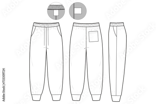 Cuff Sweatpants Flat Technical Drawing Illustration Five Pocket Classic Blank Streetwear Mock-up Template for Design Tech Packs CAD Joggers