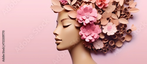 illustration of young beautiful woman with flowers on her head, beauty and cosmetics concept