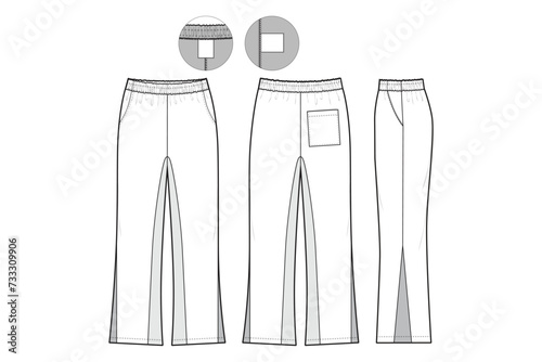 flare Sweatpants Flat Technical Drawing Illustration Five Pocket Classic Blank Streetwear Mock-up Template for Design Tech Packs CAD Joggers