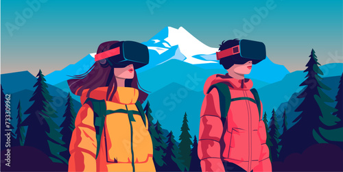 A girl and a guy in VR glasses. Walking in the forest against the background of mountains