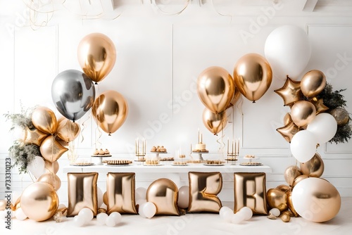 Elegant and sophisticated birthday balloon arrangement with metallic finishes  creating a chic mockup against a pristine white backdrop