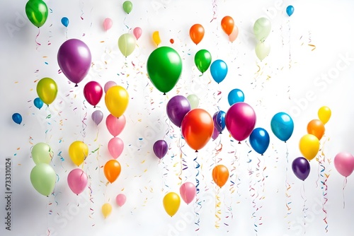 Vibrant helium balloons floating gracefully against a white backdrop  creating a cheerful atmosphere for a birthday party with ample space for text.
