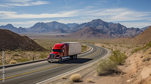 Semi-truck driving through empty southwest usa road, transportation and logistics concept