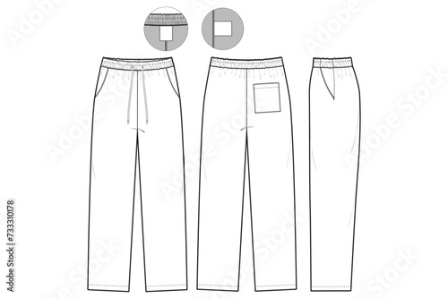 loose Sweatpants Flat Technical Drawing Illustration Five Pocket Classic Blank Streetwear Mock-up Template for Design Tech Packs CAD