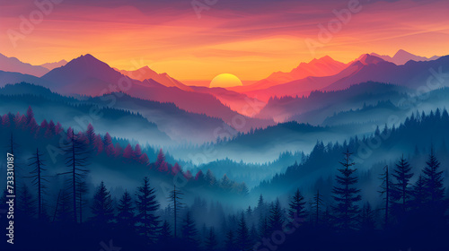 Misty mountains in the morning. Fog. Landing page, background, banner. Sunset in mountain, Urals, Alps, Andes, foggy wallpaper. Colorful, abstract
