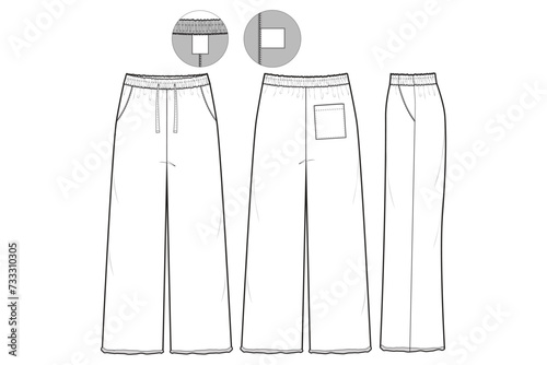 wide leg Sweatpants Flat Technical Drawing Illustration Five Pocket Classic Blank Streetwear Mock-up Template for Design Tech Packs CAD Joggers photo