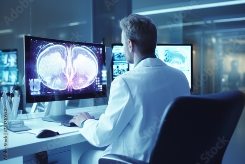 Neurologist examining brain tests results on computer monitor at hospital medical facility